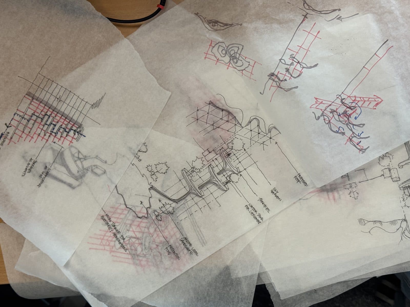 Layered tracing-paper studies of the East Coast drawn during the workshop