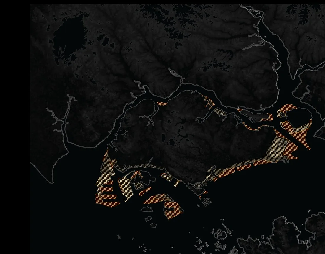 Analytical map of Singapore in orange and yellow, showing the extent of reclaimed land as a band wrapping the southern and eastern shores.