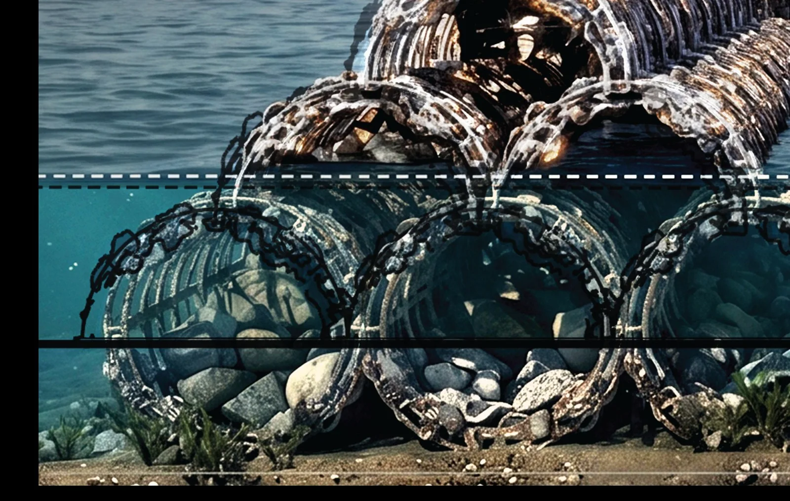 Close crop of shell-packed steel Biorock cages sitting at the waterline, the mesh bags of shells visible through the cage frame.