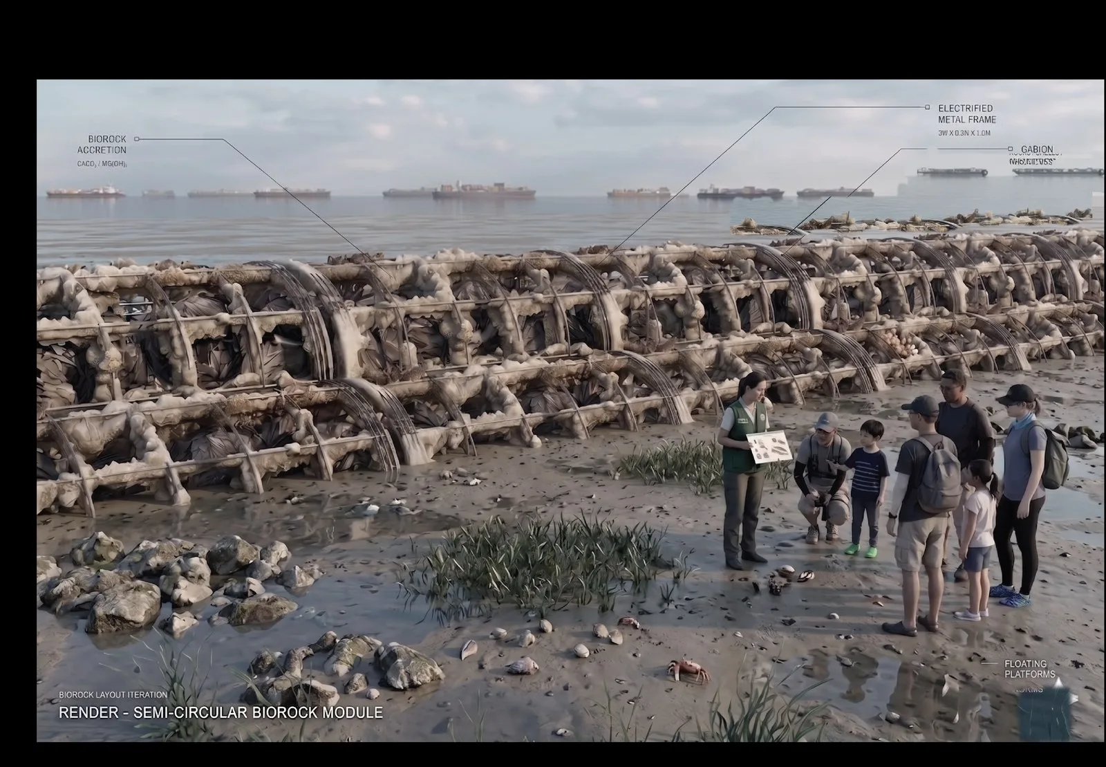 Render of people standing on the exposed reef at low tide during a guided observation walk, looking at the shell surface.