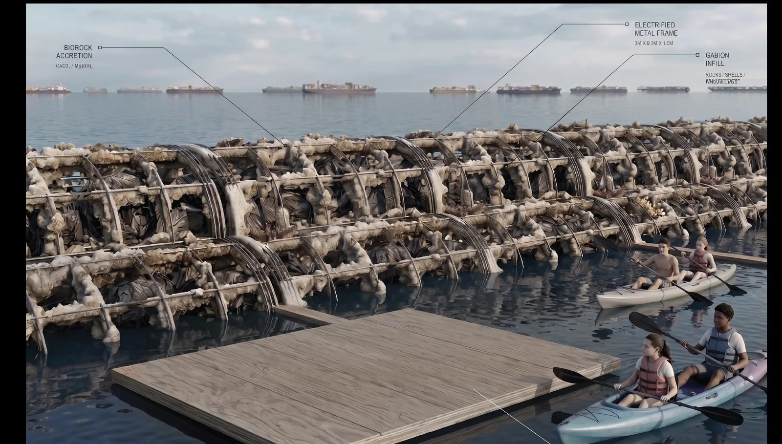 Render of a floating timber platform moored beside the reef, with kayakers pulling up alongside it.