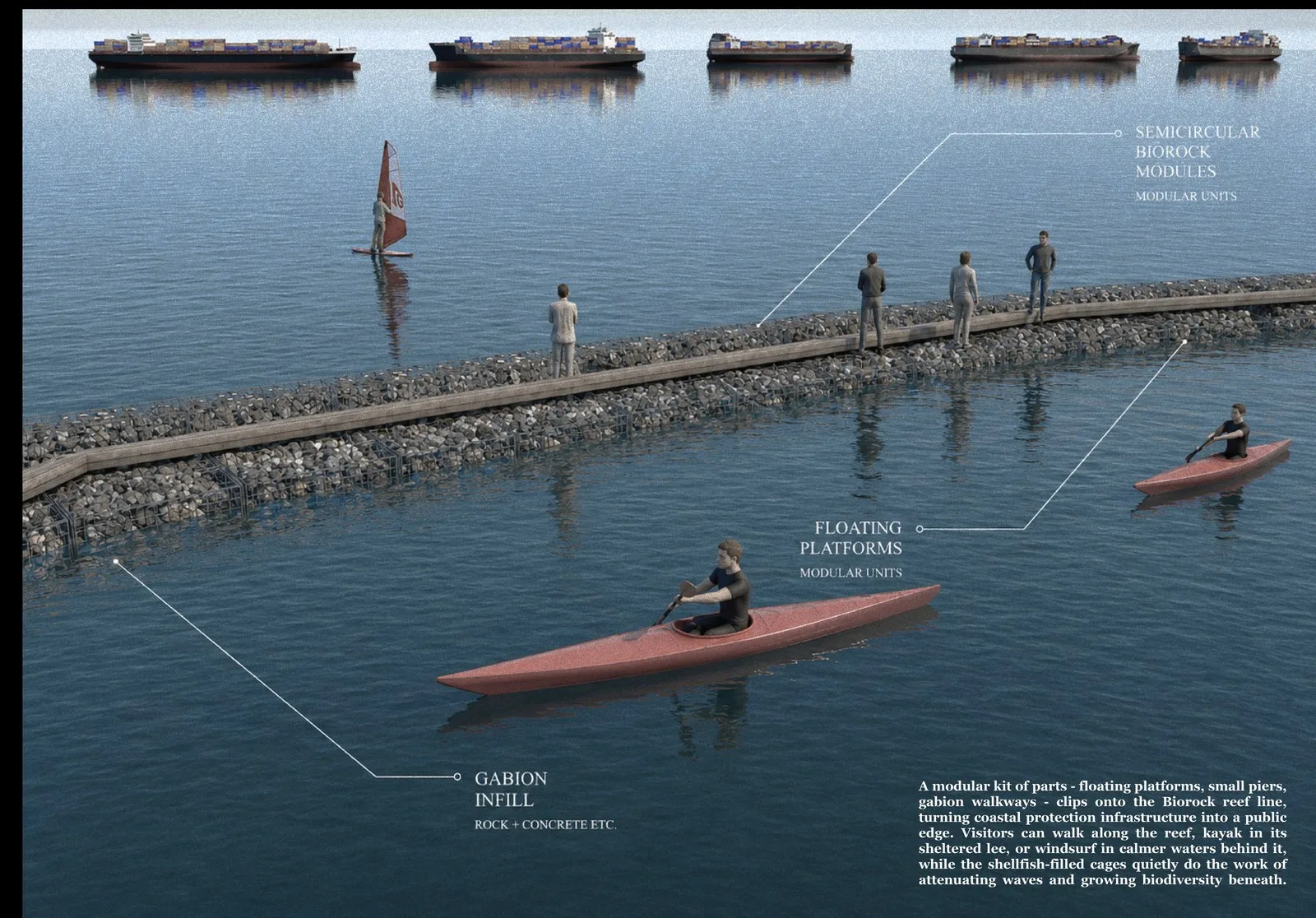 Render of the finished reef: a kayaker paddling alongside the breakwater while people walk a walkway across it, with sailboats out on the water beyond.