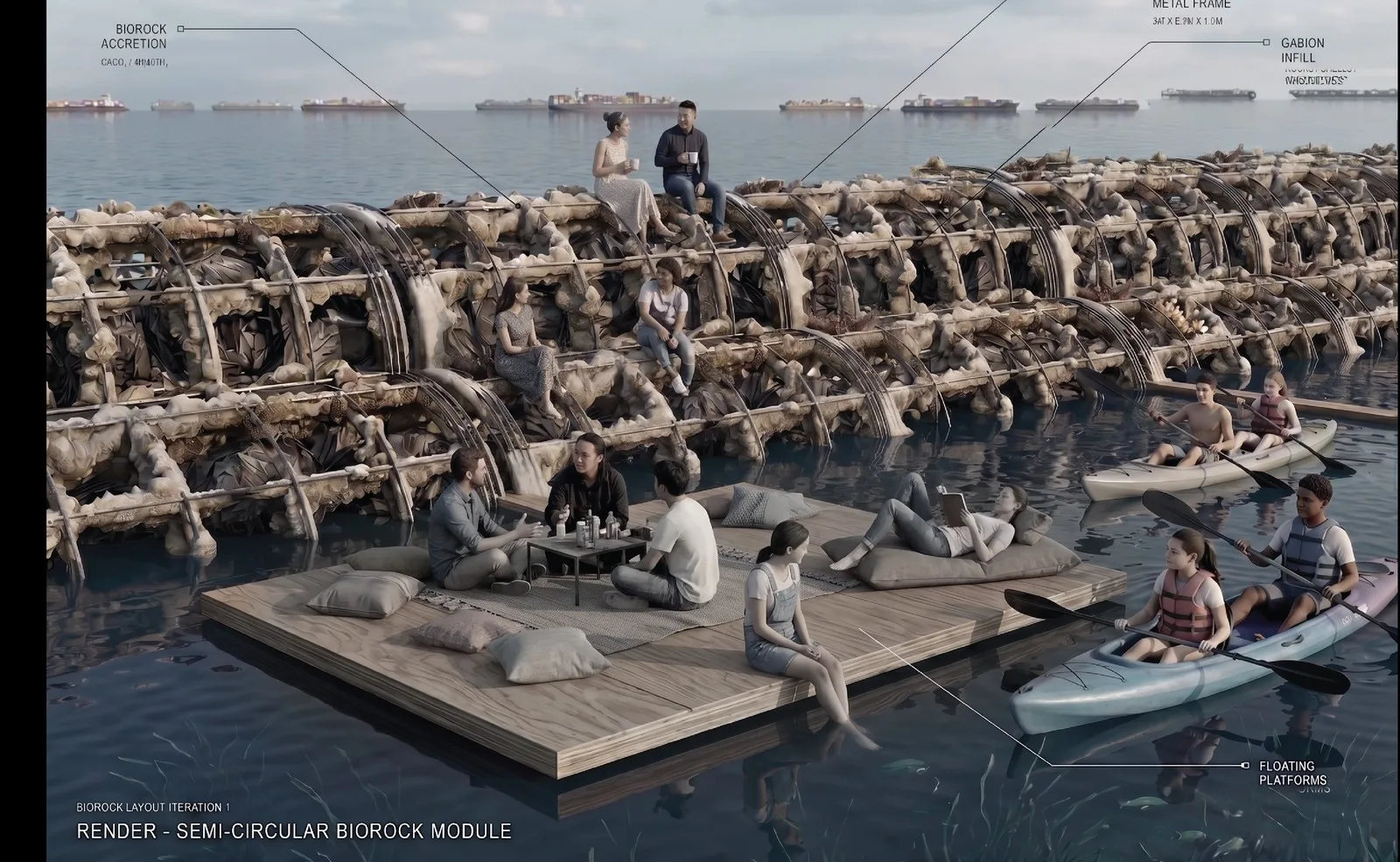 Render of people sitting and gathering together on the floating platform above the reef.