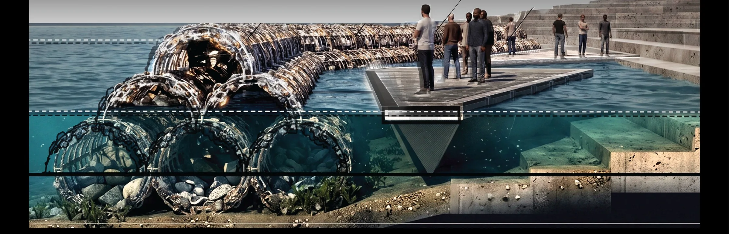 Wide split view of the reef showing both above and below the waterline: shell-filled cages colonised by marine life underwater, and people standing on a floating platform above the surface.